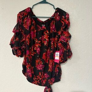 Vince Camuto Red and Black ‘sleigh all day’  Ruffled Tie Front Blouse